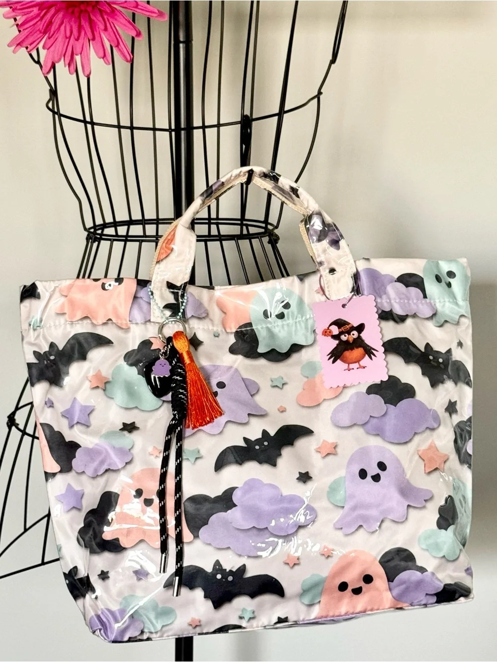 New Halloween Pastel Ghosts & Bats PVC Handbag Purse Tote Bag w/ Charm